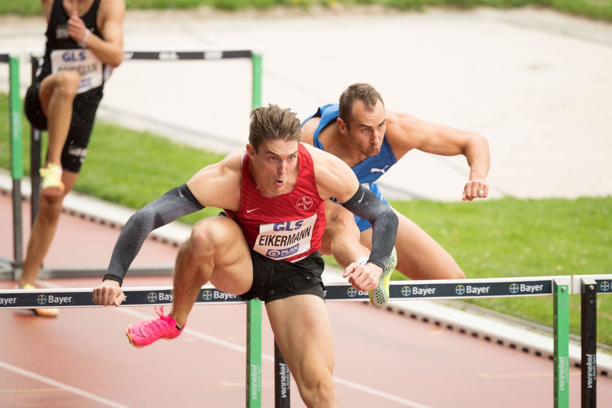 Tim Eikermann clearing a hurdle at his home track in Leverkusen